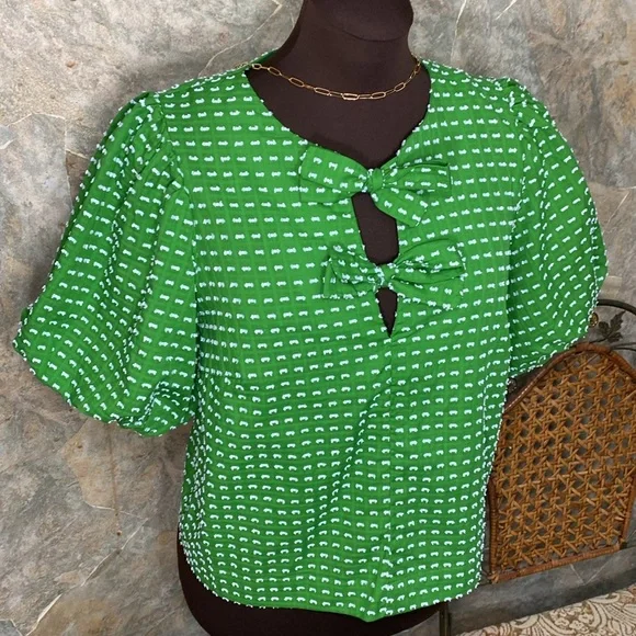 Kate Spade textured puff sleeve shirt top blouse tunic puff sleeves bow pleated - Picture 6 of 11